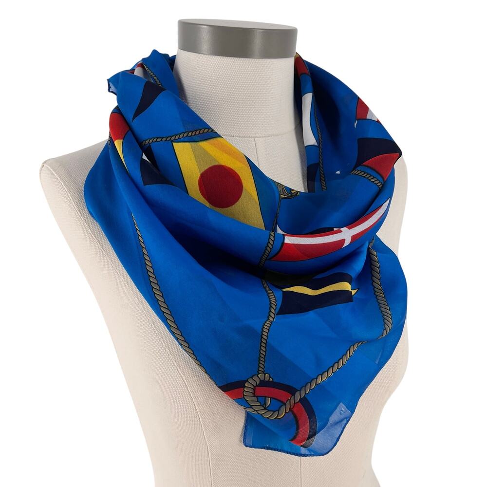 90s Vintage Nautical Flag Scarf Silken by Berkshire 30” Square Blue 1990s